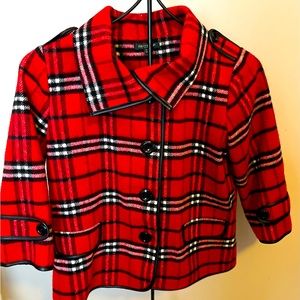 Red/Black lined plaid jacket w leather trim.